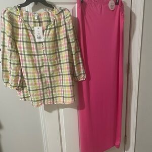 Plaid Blouse xxl and Pink Maxi Skirt 2x  Set